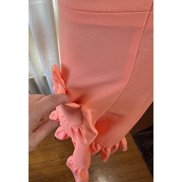 Vintage 80s pinafore dress, peach/coral, ruffled hem, round ruffle pockets - Picture 6 of 10